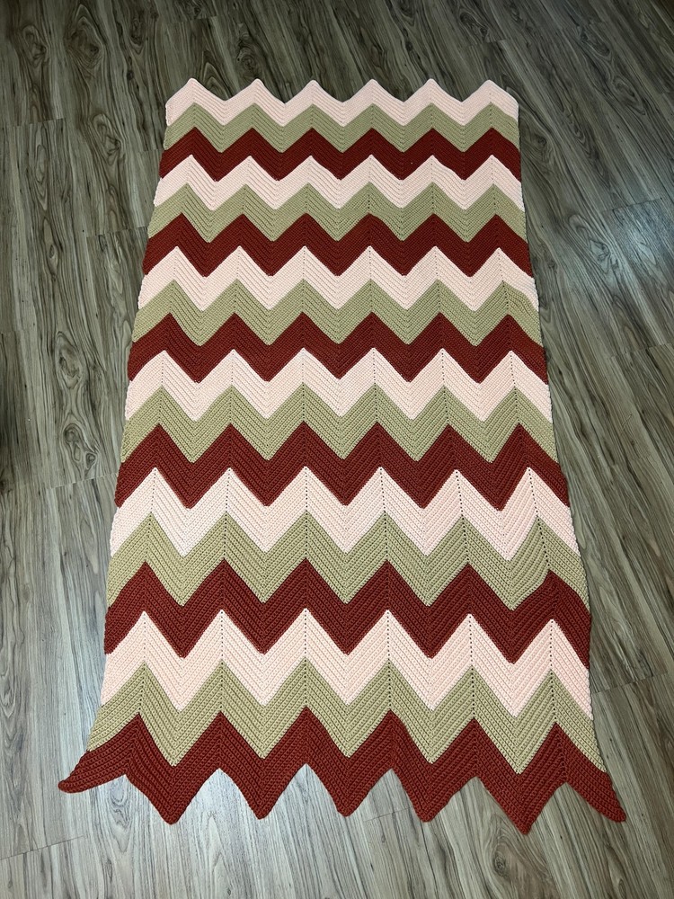 Handmade Crochet Afghan Blanket Throw Chevron Ripple Striped Pink Sage Rust