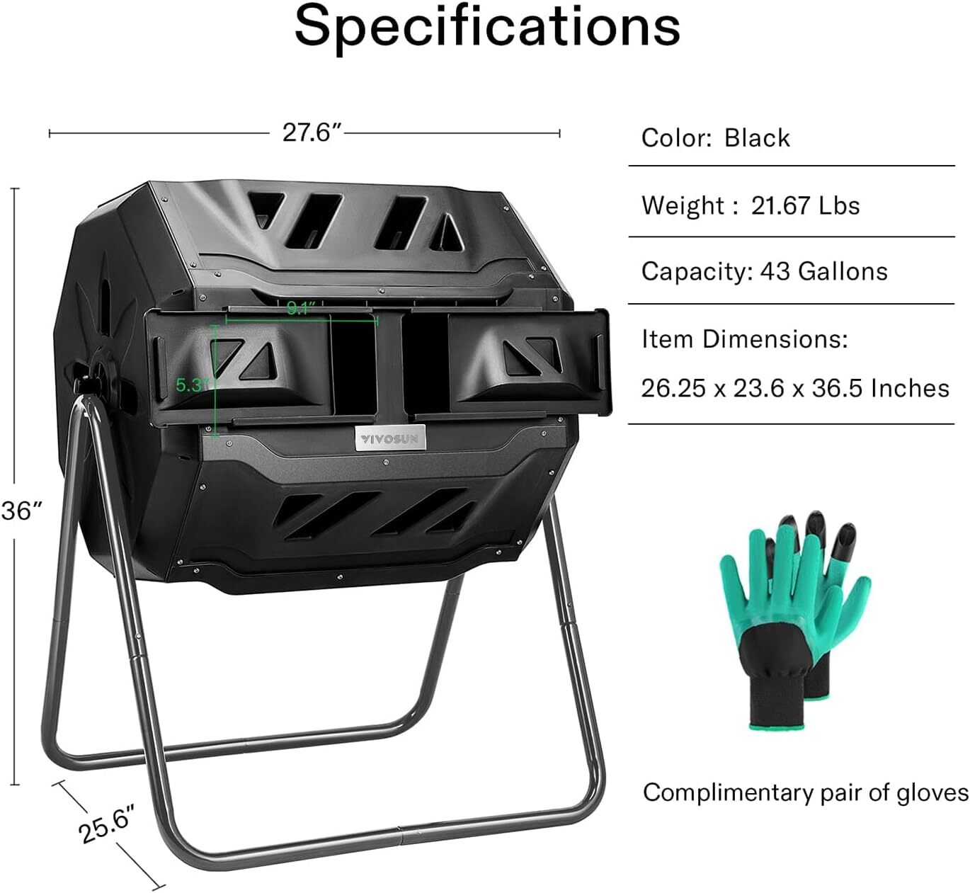 VIVOSUN 18.5/37/43 GaL Composting Tumbler Bin 360° Chamber Outdoor Gardening gallery
