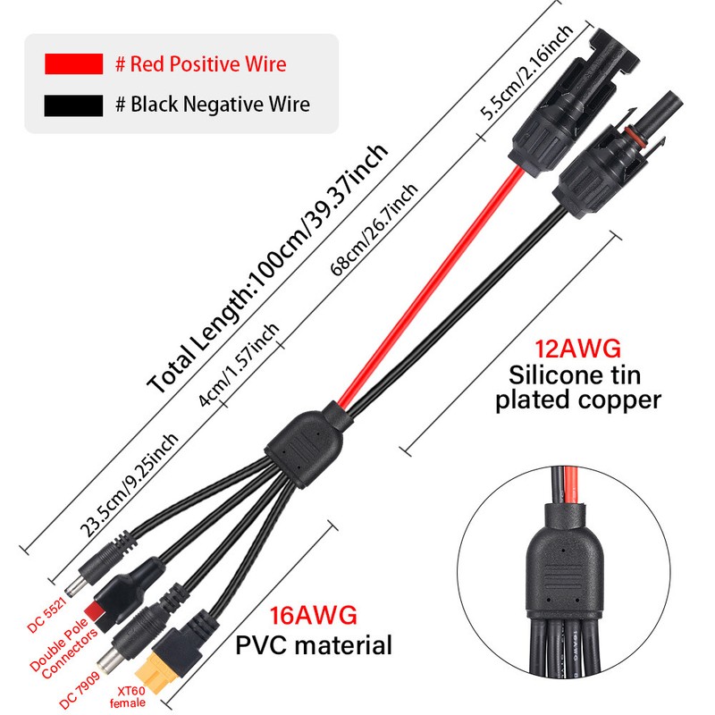 Solar Panel Extension Cable 4 In 1 DC5521 7909 XT60 Female Connector PV Wire 3ft gallery