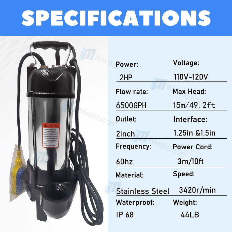 1.5HP Sewage Grinder Sump Pump W/Float Heavy Duty Stainless Steel 6000GPH 110V gallery