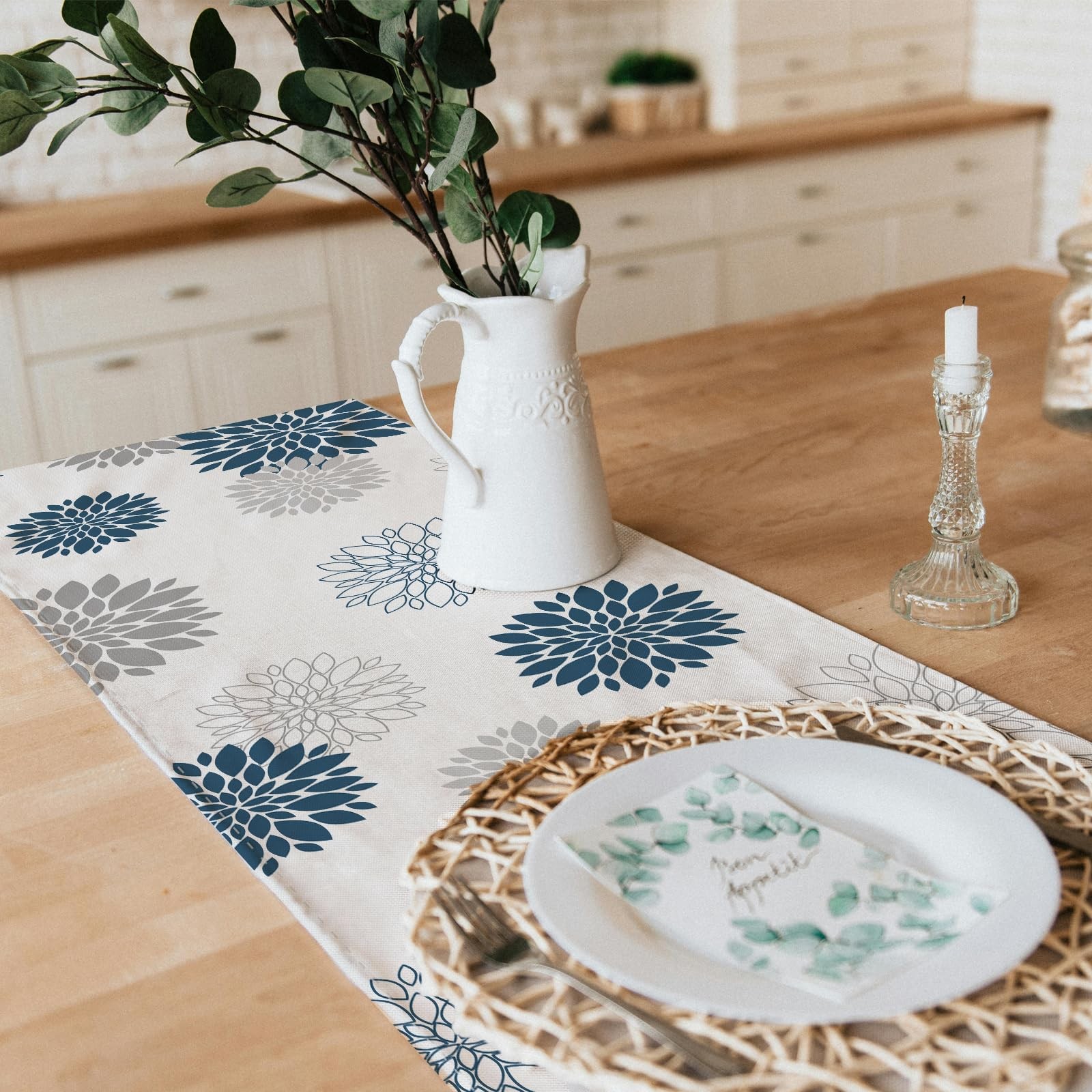 Snycler 13x48 Inch Table Runner Blue Grey Dahlia 13" x 48", gallery