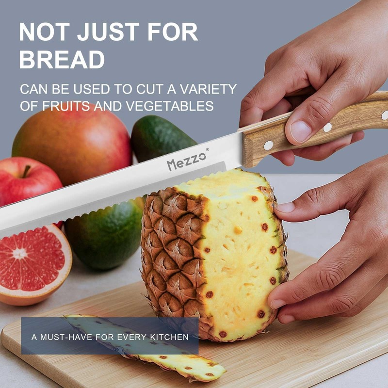 Mezzo Serrated Bread Knife for Homemade Bread, High Carbon Steel 8", Acacia gallery