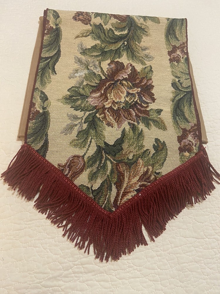 Tapestry style Table Runner 12” X 70”. Green Red Brown on Off-white. Hand Made