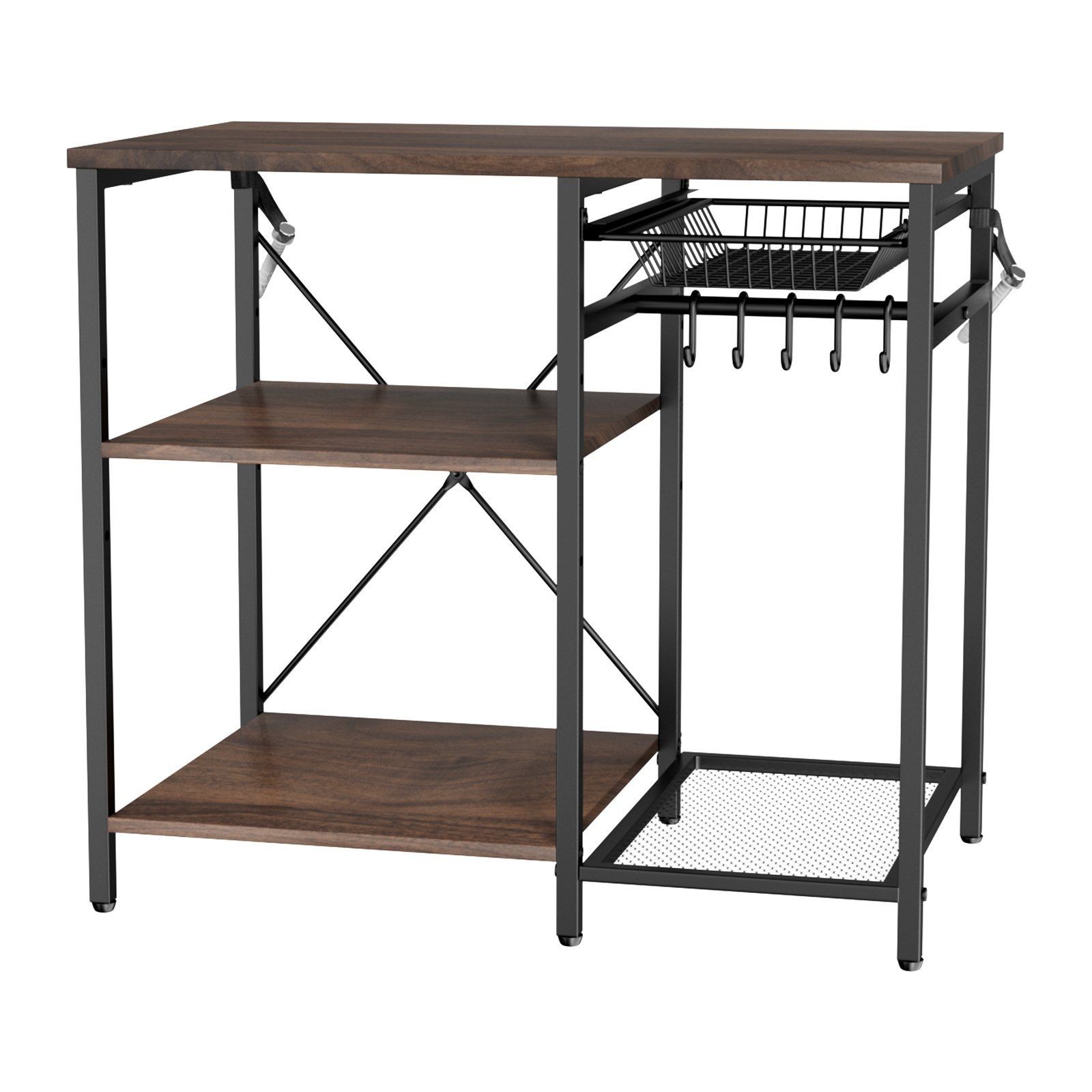 3-Tier Kitchen For Baker Rack: Walnut Top, Black Metal Frame, X-Brace, 5 Hooks gallery