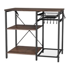 3-Tier Kitchen For Baker Rack: Walnut Top, Black Metal Frame, X-Brace, 5 Hooks