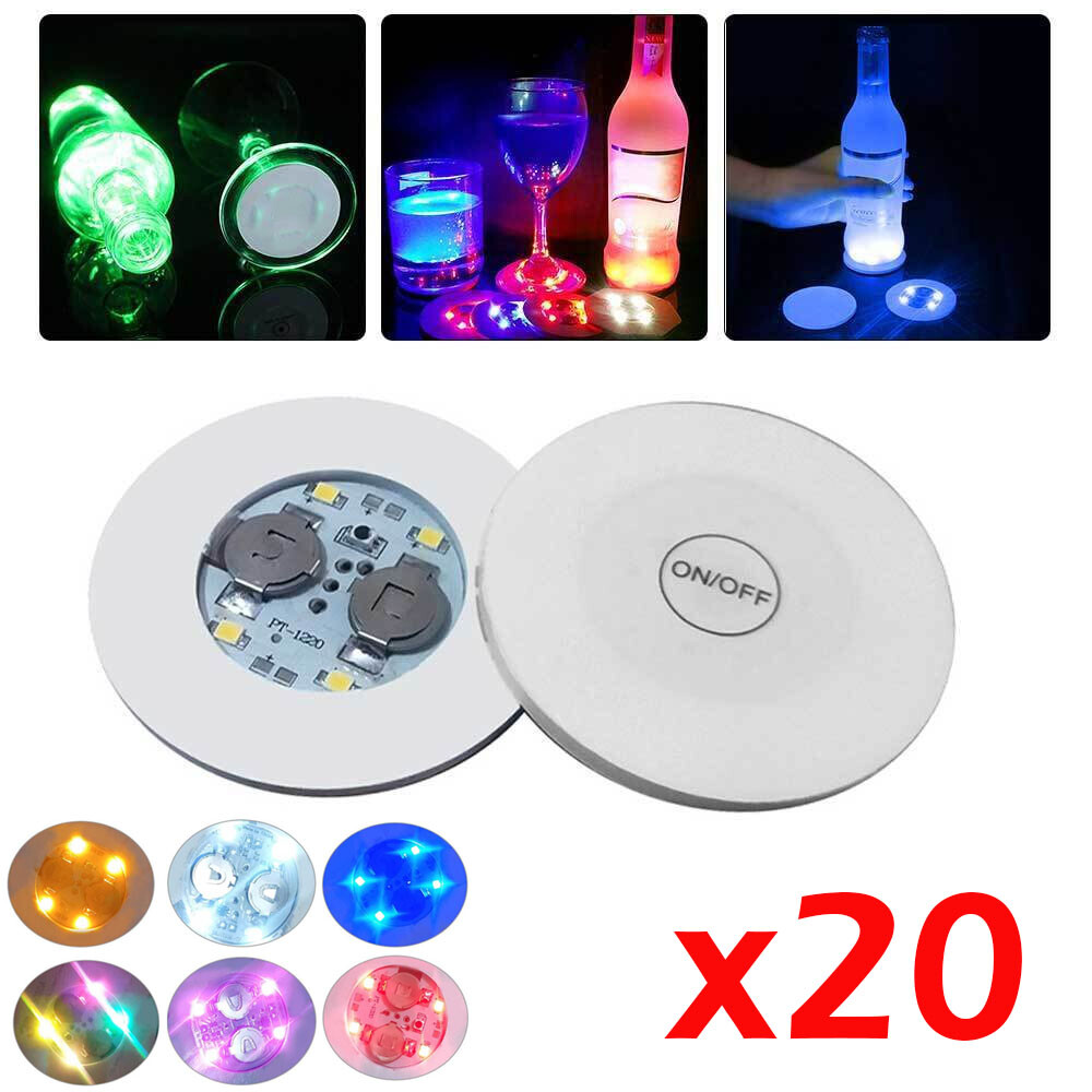 PACK OF 20 Drink Coaster LED Light Up For Bottle Cup Glass Bar Party Lights gallery