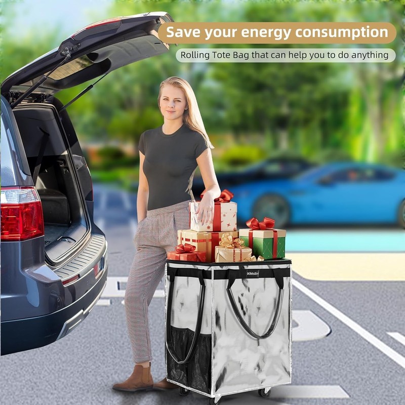 Spacious Silver Rolling Tote Bag on Wheels - Perfect for Grocery and Travel gallery