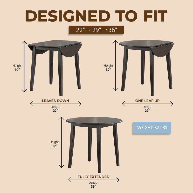 ROME + OAK Hinged Drop Leaf Dining Table, 22 to 36 Inch Round Tabletop, Brown gallery