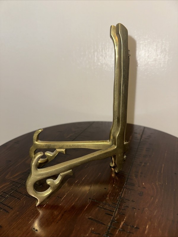 VTG Solid Brass Easel Folding Display Stand Hinged 7” art book plate holder gallery