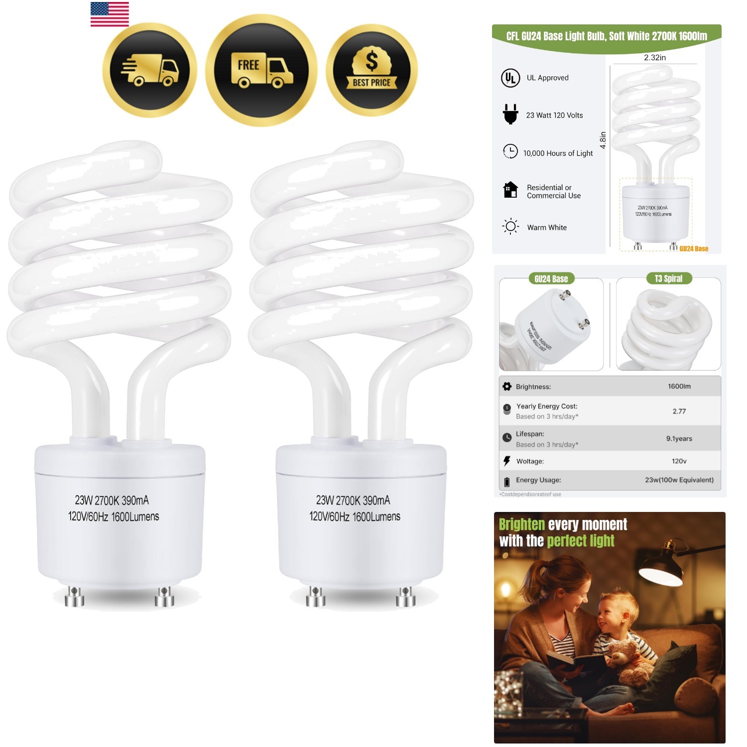 CFL Light Bulbs GU24 Base, T3 Spiral 23Watt 100Watt Equ Soft White 2700K 1600... gallery