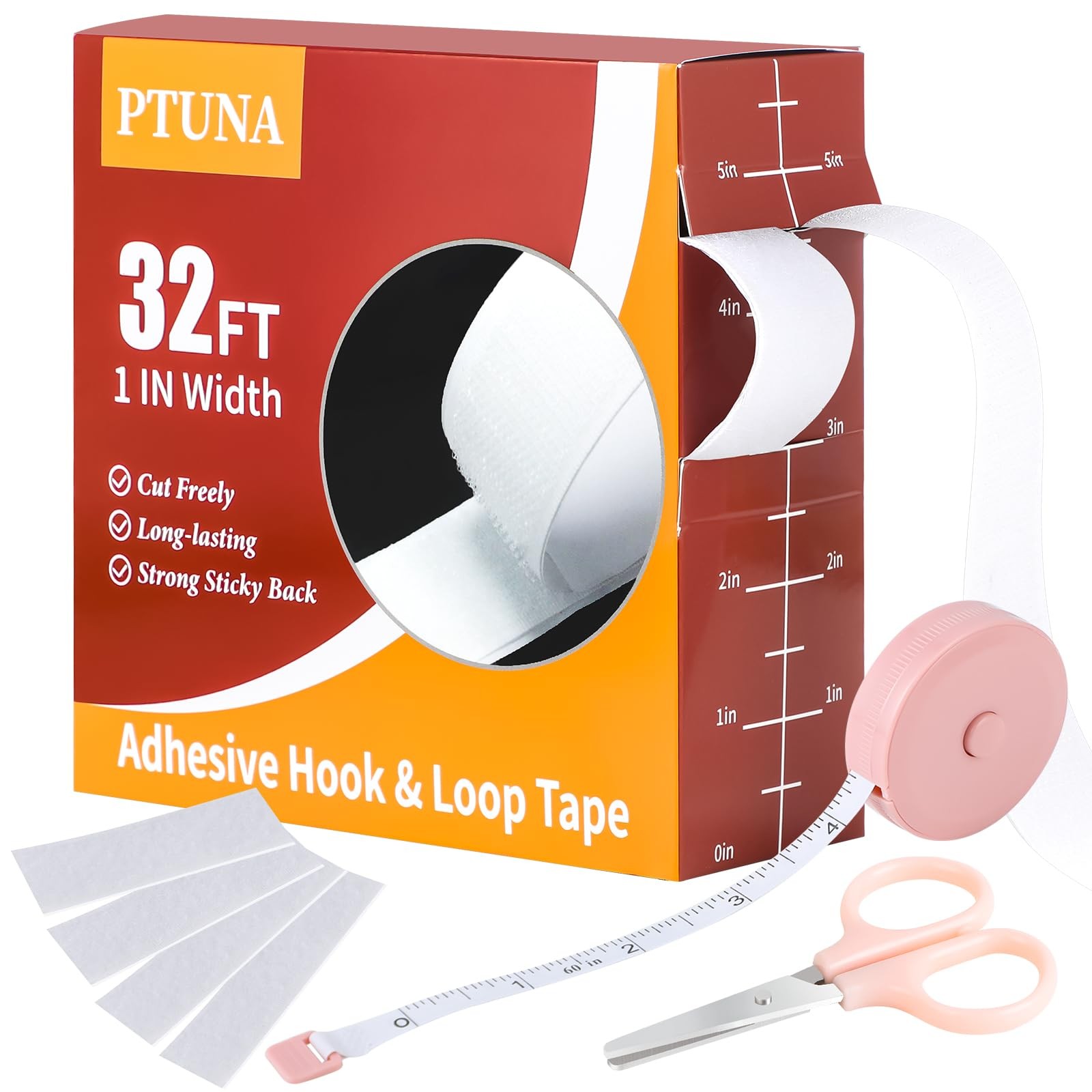 PTUNA 32Ft *1 Inch Hook and Loop Tape with Adhesive 32ft*1in, 32ft*1in-white gallery