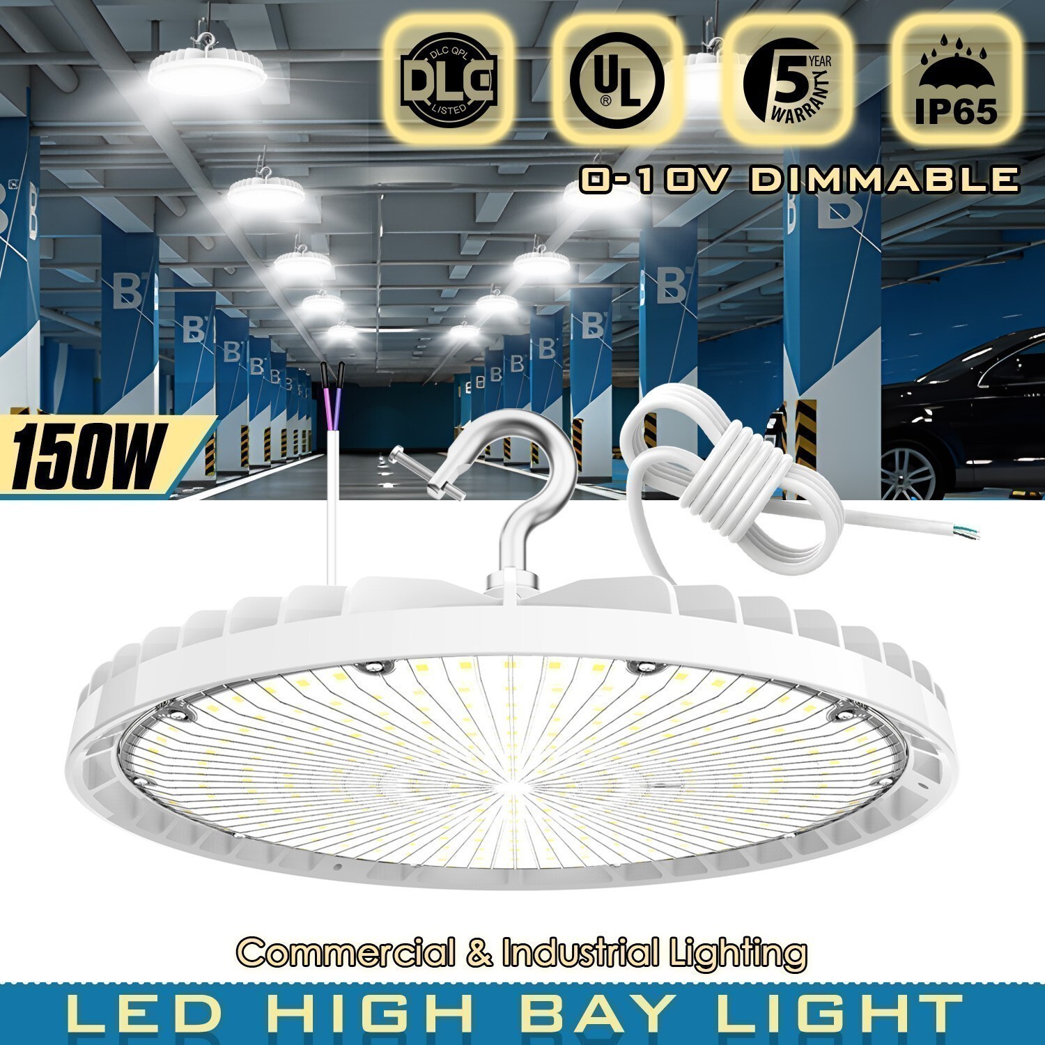 150W LED UFO High Bay Light 21,000Lm Commercial Warehouse Garage Lights Dimmable gallery