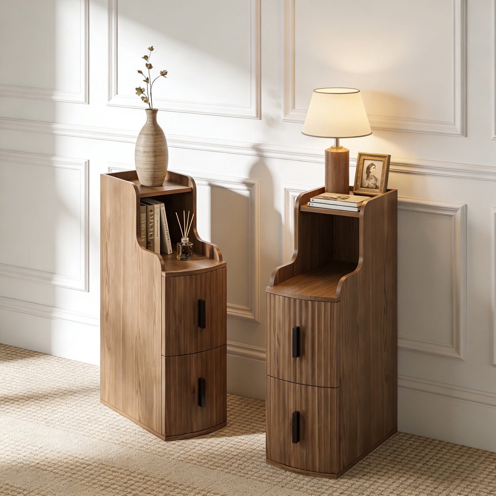 Fluted Narrow Nightstand with 2 Drawers, Wooden Bedside Table Walnut Set of 2 gallery