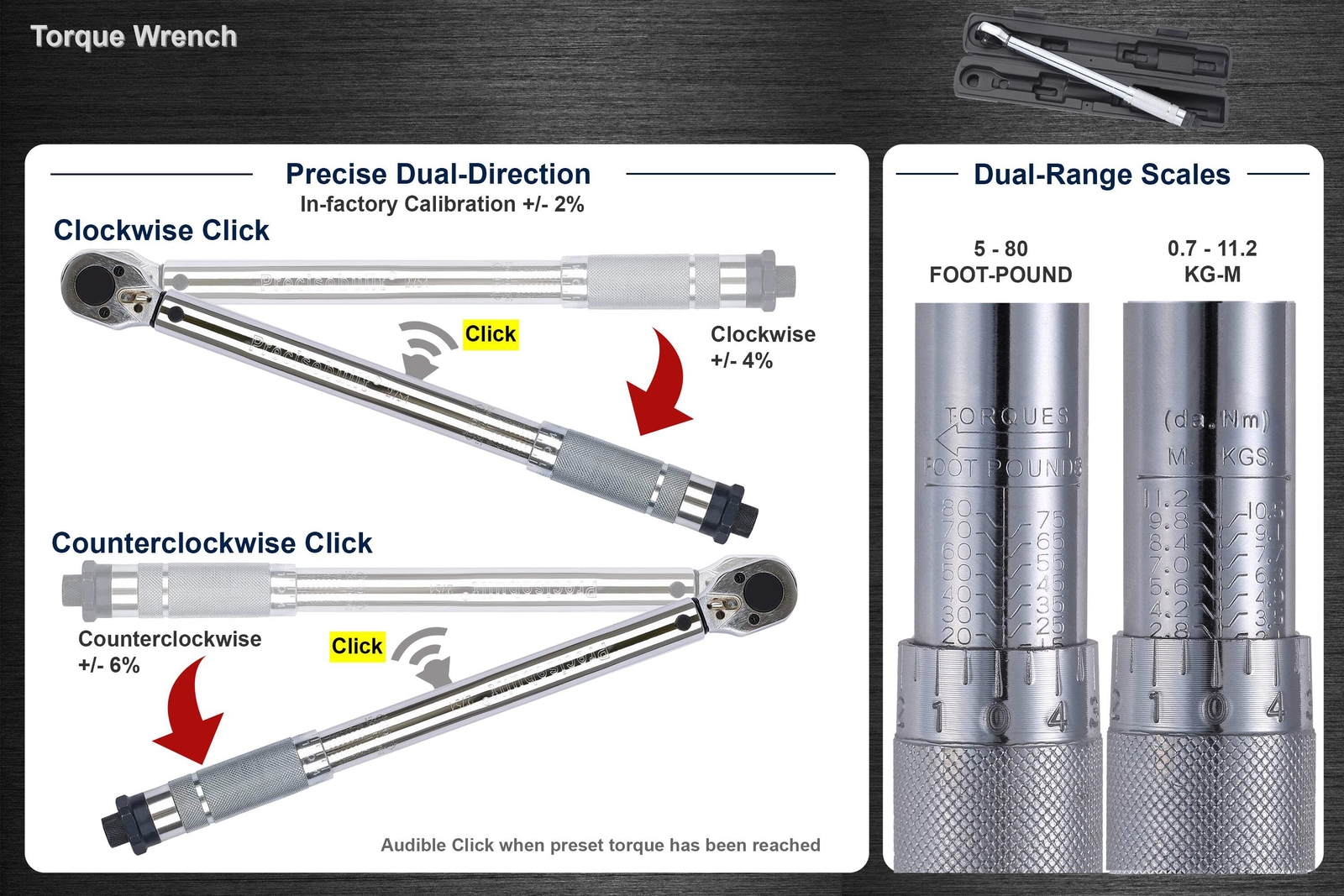 Precisebuilt 3/8" Drive 5-80 ft-lb (kg-m) Dual-Direction Click Torque Wrench gallery