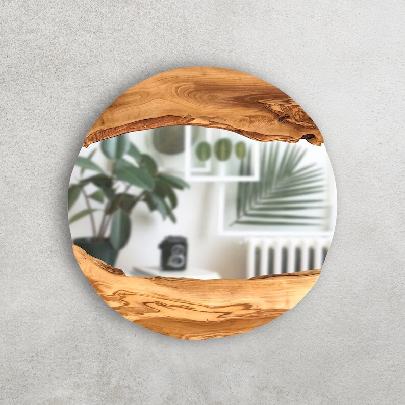 Made to Order, Olive Designer Round Shaped Live Edge Wood Wall Mirror, Frame gallery