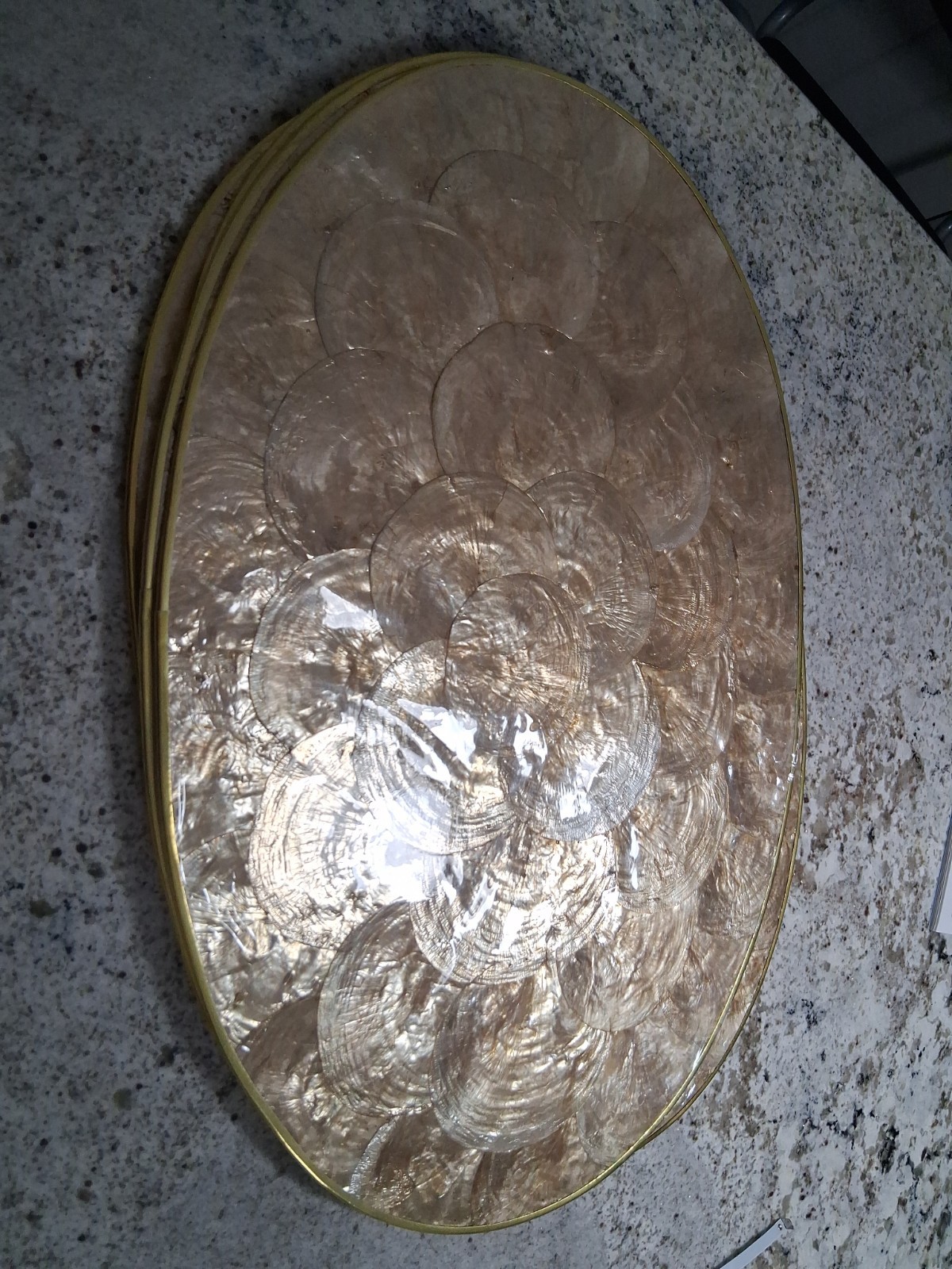 VTG CAPIZ SHELL OBLONG PLACEMAT W/ GOLD TRIMMING-4 PCS OPEN BOX-PHILS 17X 12 gallery