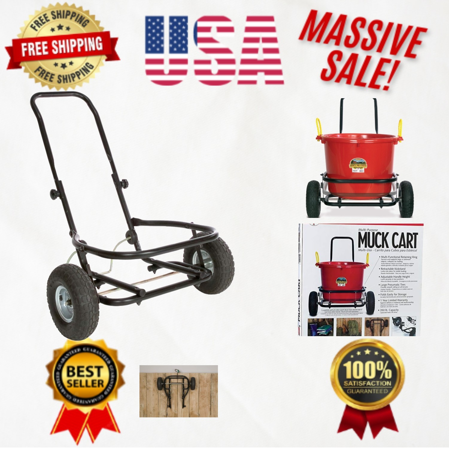 Adjustable Muck Cart with Pneumatic Wheels - 350 lbs Capacity, Foldable Design gallery