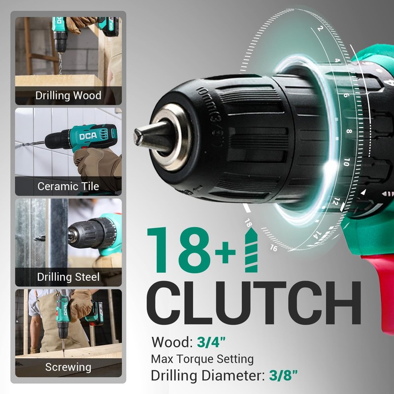 DCA Cordless Drill Set, 354 in-lbs Torque, 3/8" Keyless Chuck, Electric Green gallery