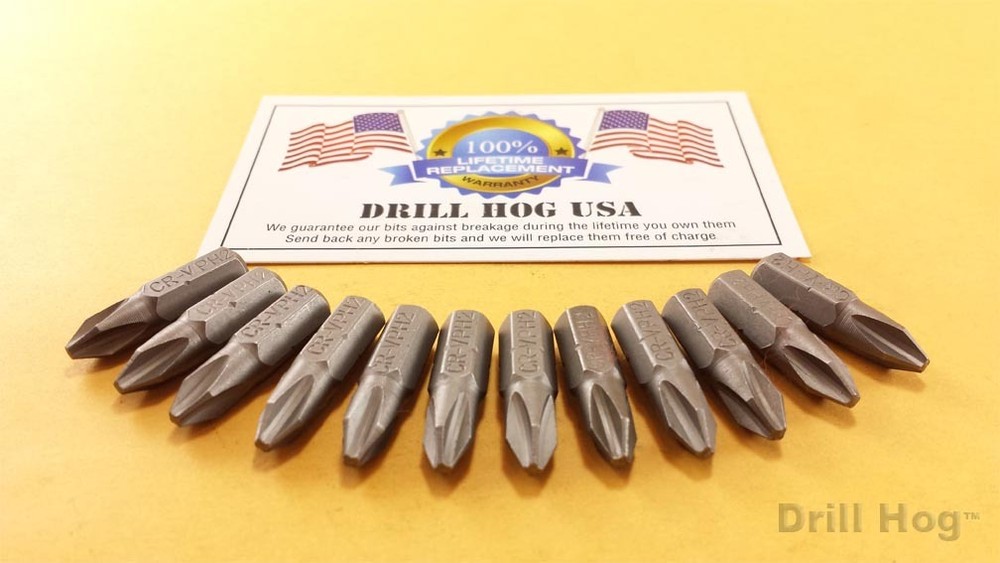 Drill Hog® #2 Phillips Insert Bit Screw 1/4" Hex #2 x 1" Lifetime Warranty 10 Pc