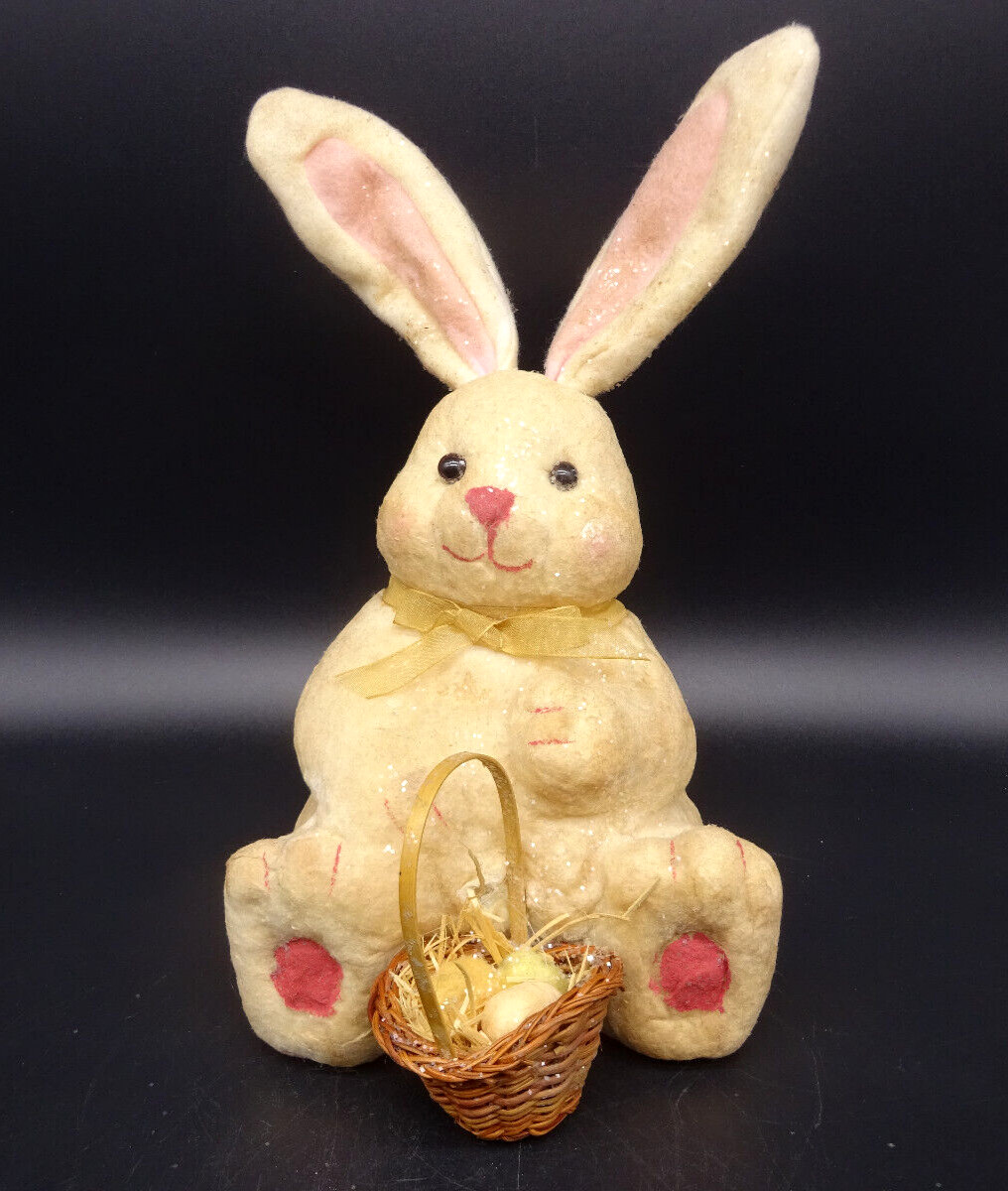 Bunny Rabbit Holding Easter Eggs in Basket 11" Figurine Cloth Covered Vintage gallery
