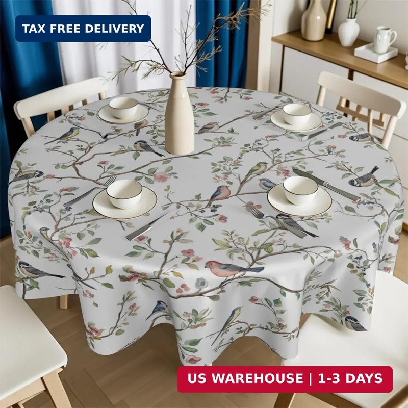 Spring Round Tablecloth 70 Inch, Watercolor Floral Birds Summer Farmhouse Washab gallery