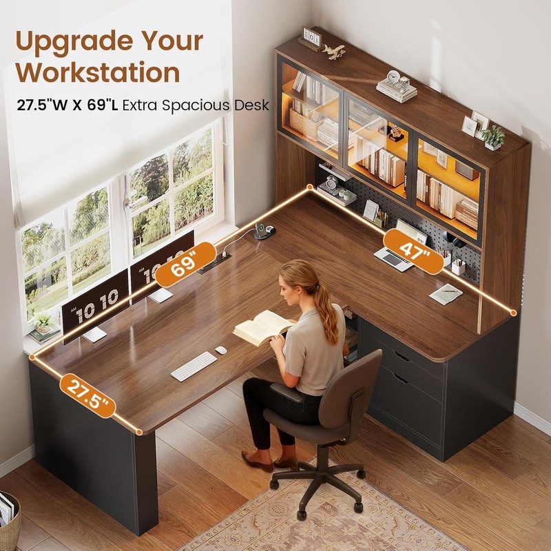 L Shaped Office Desk, Corner Computer Desk with 3 Drawers, Bookshelf & LED Light gallery
