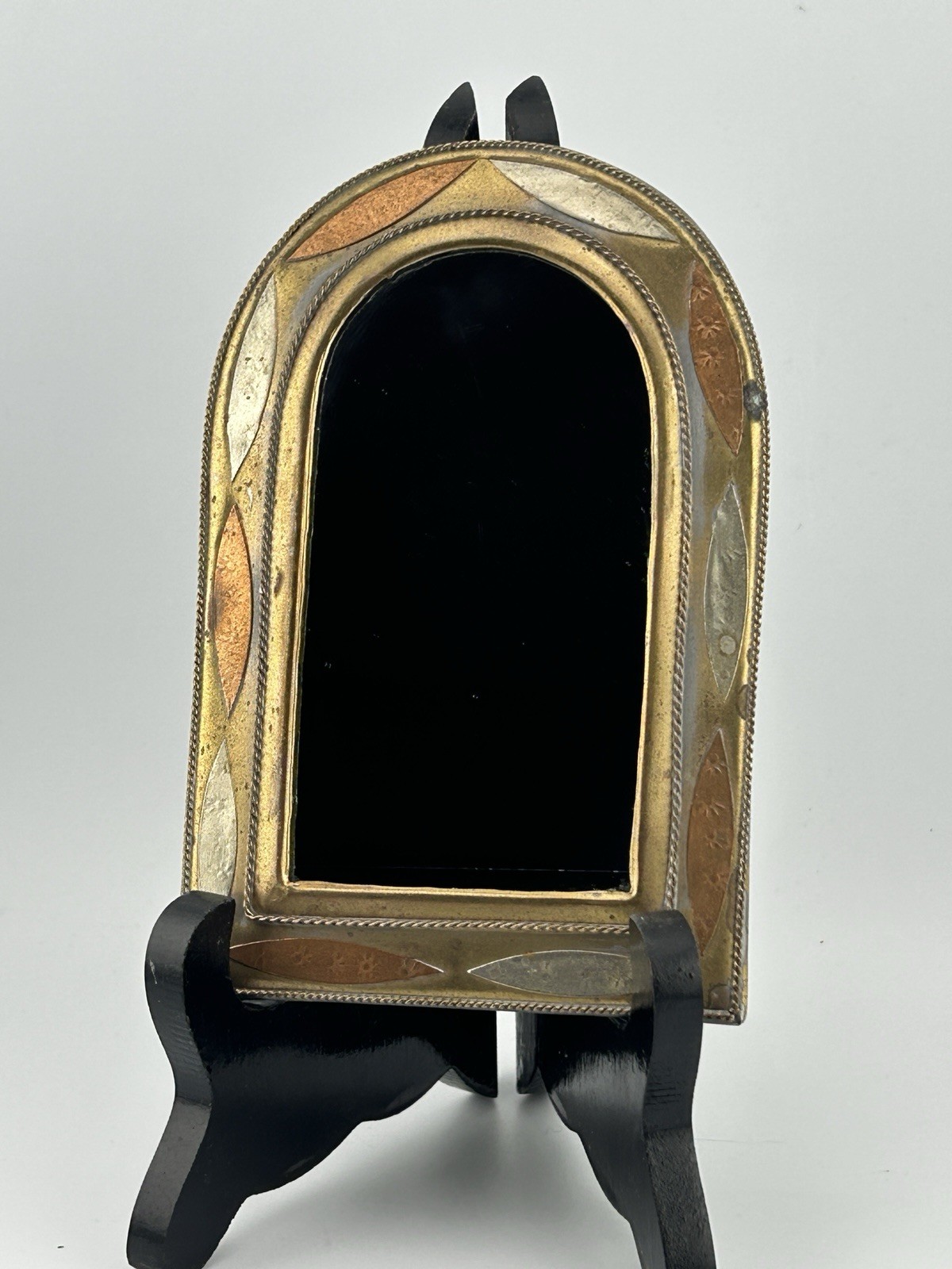 Moroccan Brass Mirror Copper Silver Arched Frame Wall Hanging 1970s VTG 5⅜"x3½" gallery