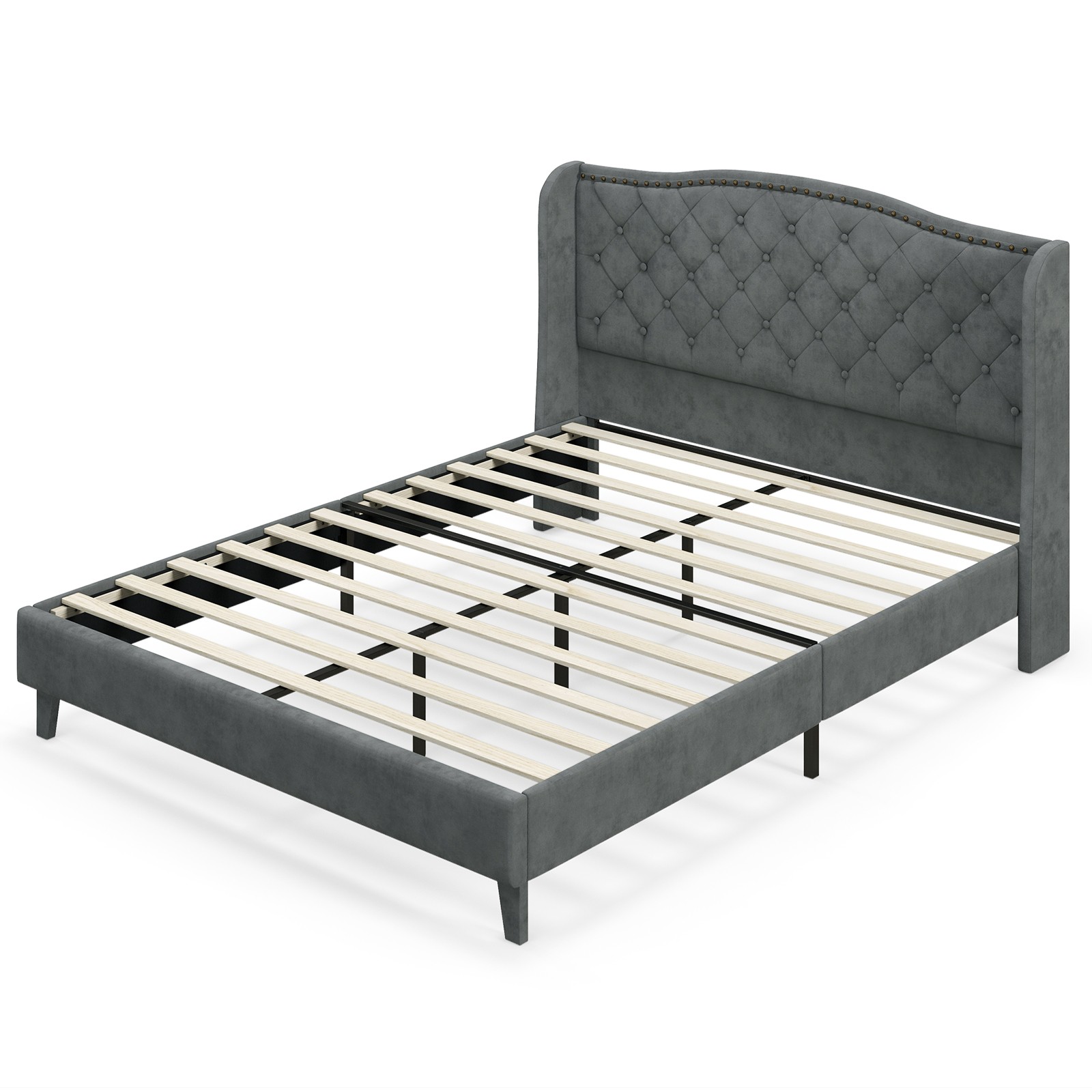Queen Upholstered Platform Bed Frame W/ Button Tufted Headboard Noise-free gallery