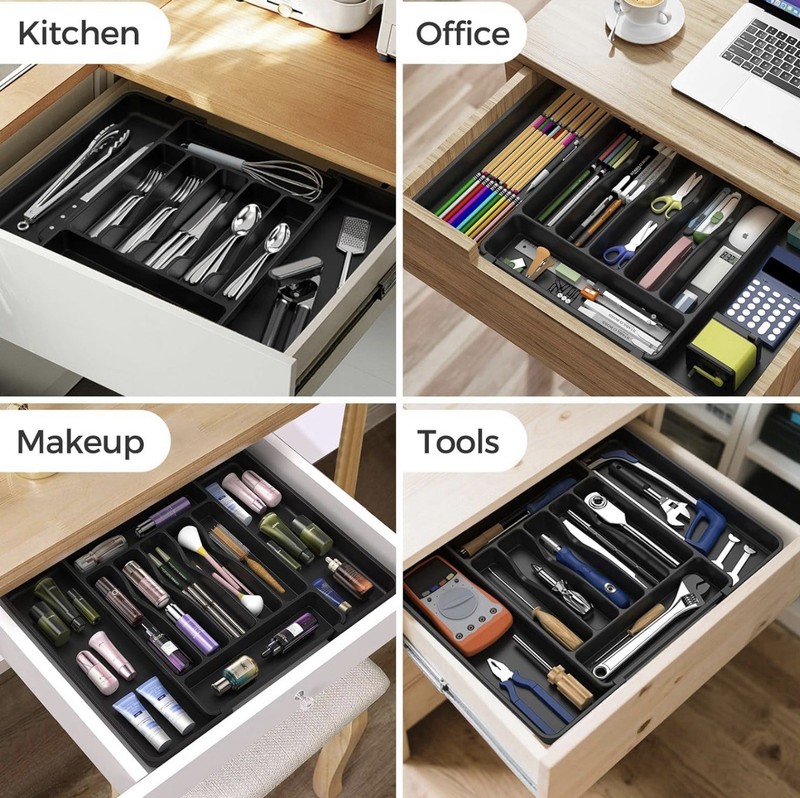 Extra Large Expandable Silverware Organizer –BPA-Free Food-Safe Cutlery Black gallery