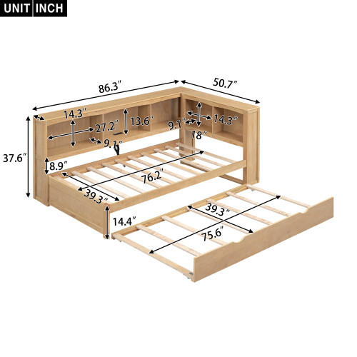 Solid Wood Daybed with Trundle Storage Bookcases Twin Size Sofa Bed Platform Bed gallery