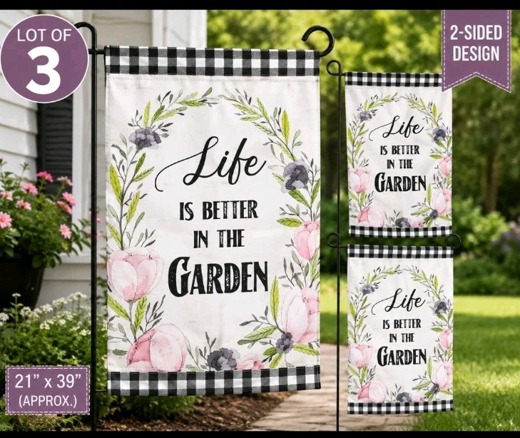 Yard Flag Life Is Better In The Garden Double sided 21" x 39" new Lot Of 3 gallery