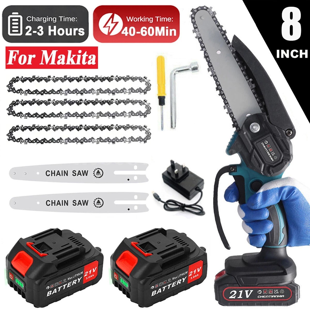8inch Electric Mini Chainsaw Cordless Handheld Saw 2 Battery + 3Chain for Makita gallery