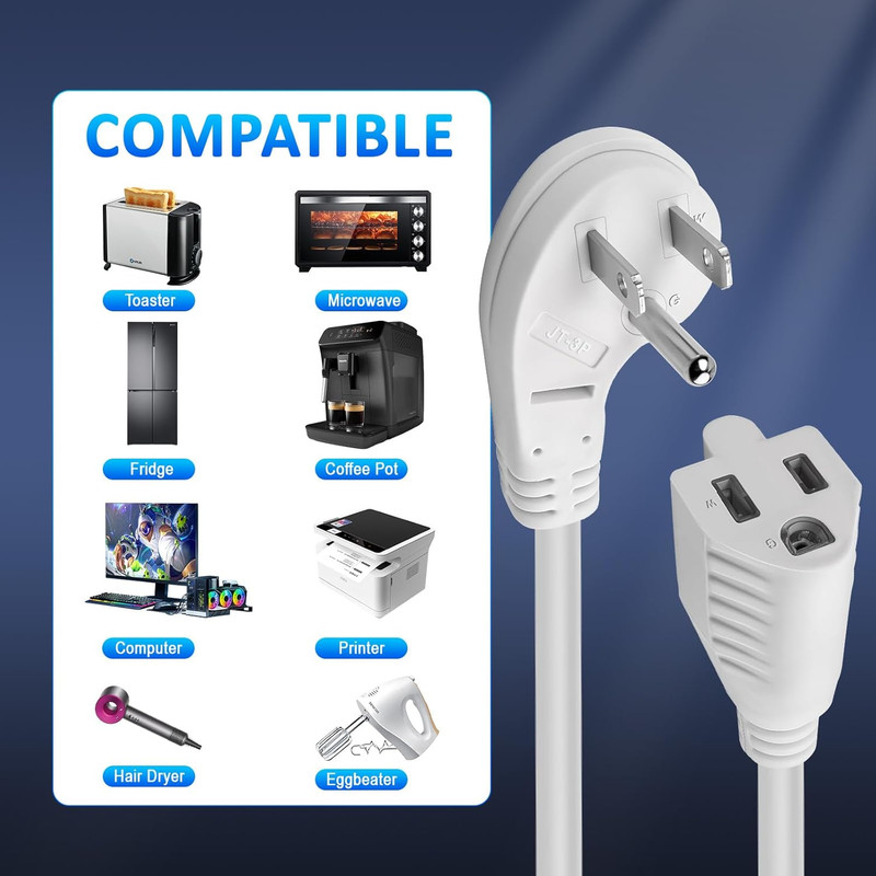 Short Flat Extension Cord - Low Profile Flat Wall Plug, 13A 3-Prong Grounded Whi gallery