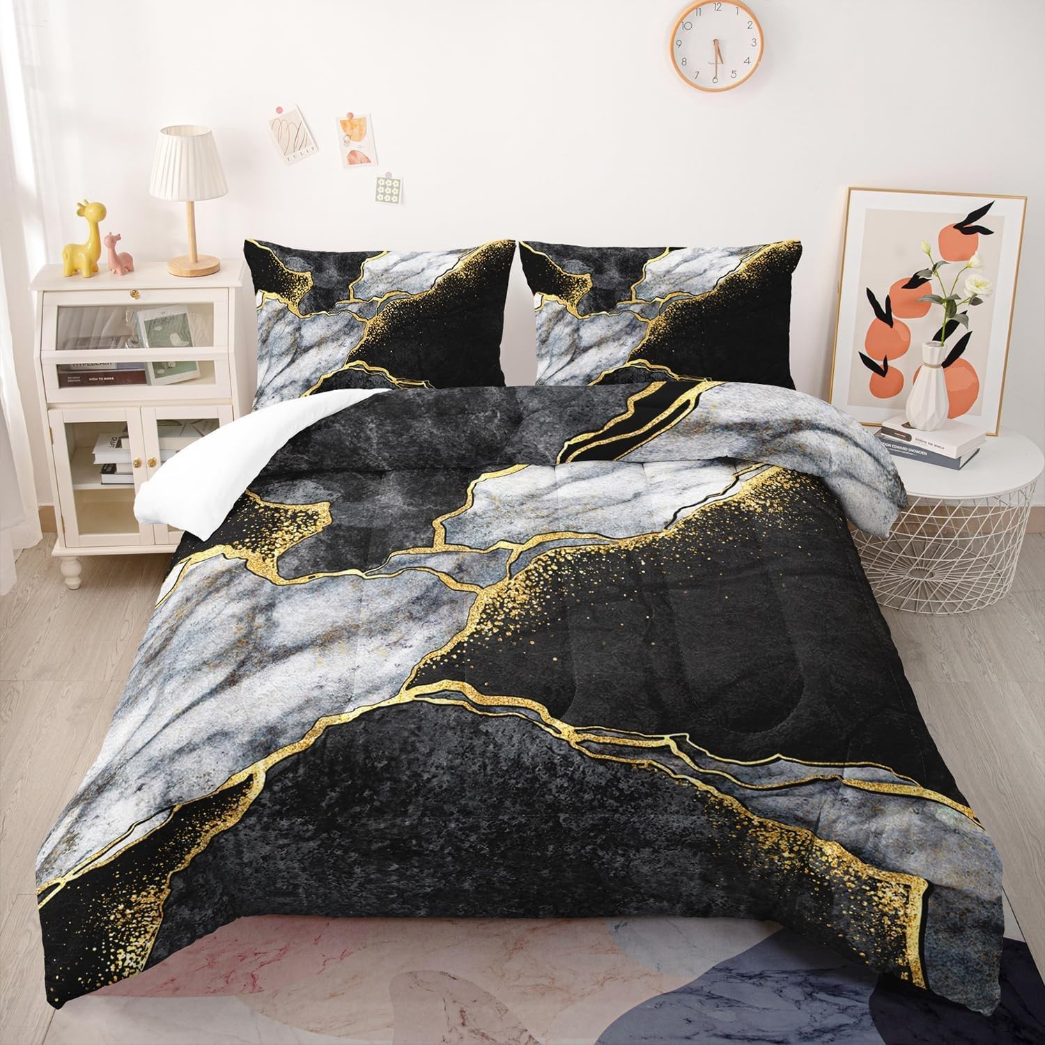 Black Gold Gray Marble Comforter Set King Size Black Gold Gray Bedding Set So... gallery
