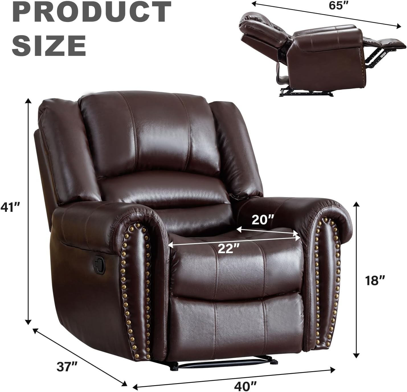 EBELLO Classic Leather Manual Recliner Chair Heavy Duty Reclining Single Sofa gallery