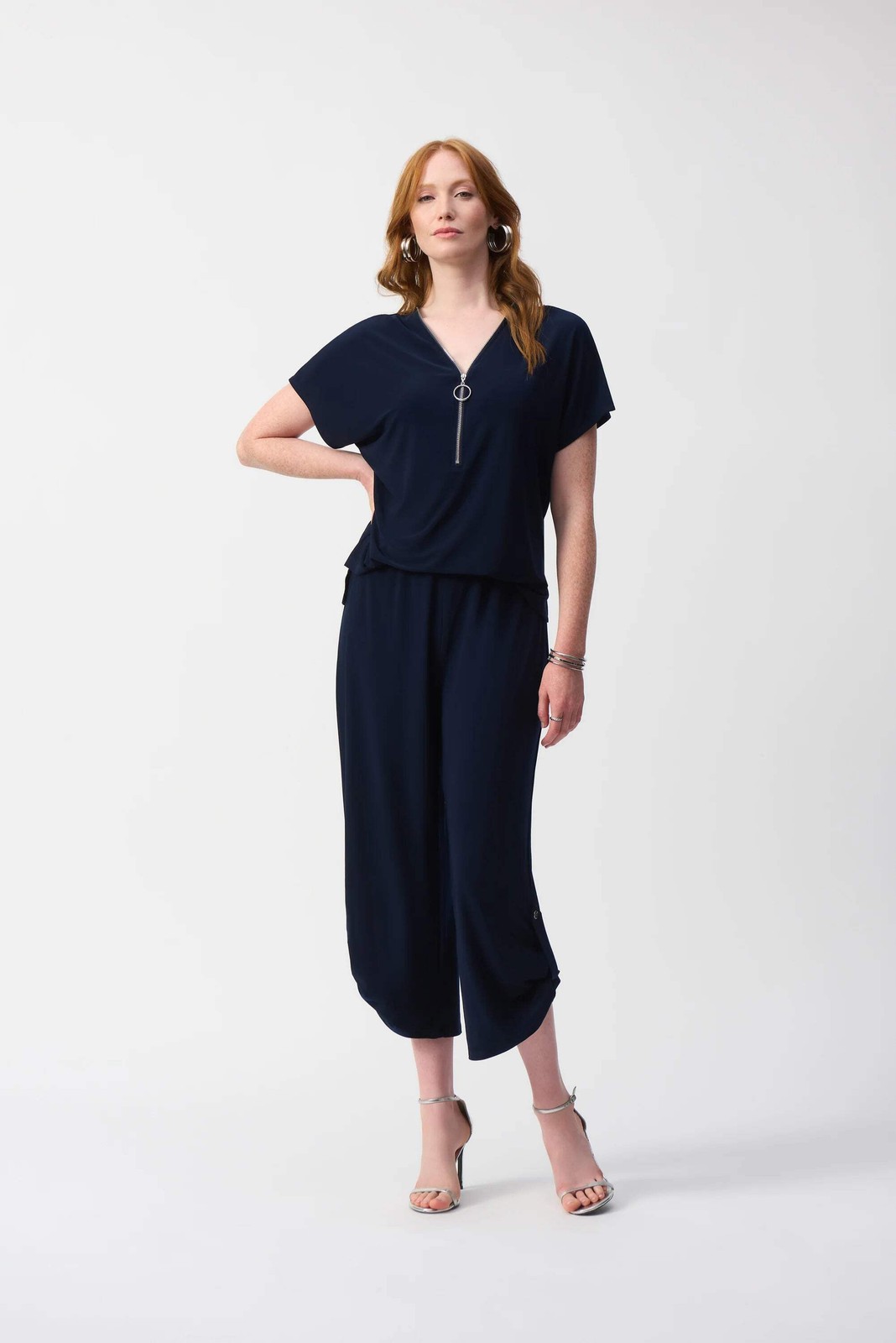 Joseph Ribkoff Midnight Blue V-Neck Zip Front Cropped Jumpsuit 251044 gallery
