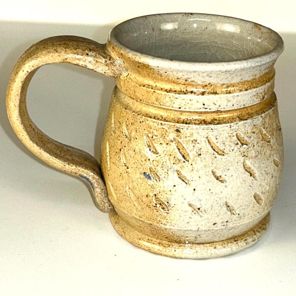 Rustic handmade studio pottery mug - etched tan and gray speckled glaze