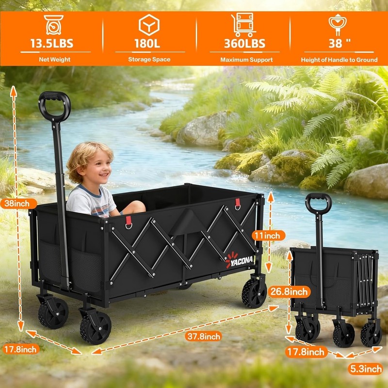 35" L Extra Long Wagons Carts Foldable, 360LBS Heavy Duty Collapsible Wagon gallery