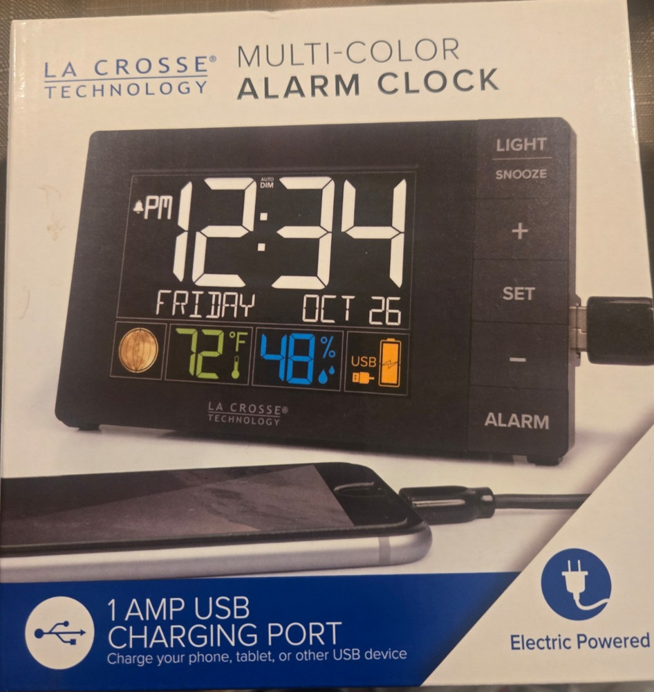 LA CROSSE TECHNOLOGY C86224 MULTI COLOR DIGITAL ALARM CLOCK W/2 USB PORTS / TEMP