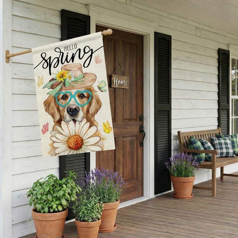 Spring House Flag Dog Daisy Double Sided 28x40 Inches Large Burlap Welcome Ho... gallery