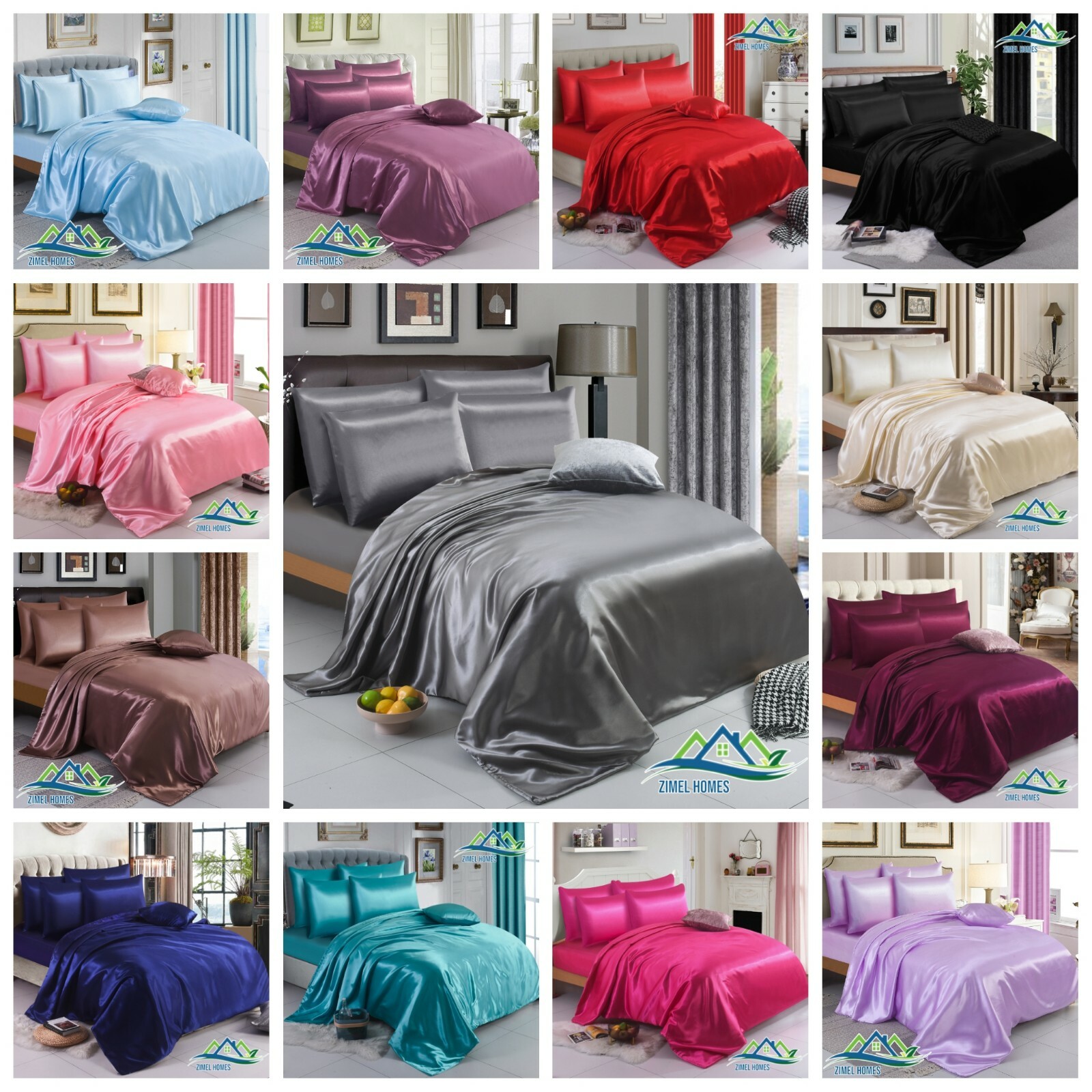 6PCS SATIN SILK ✔ COMPLETE BEDDING SET ✔ DUVET COVER FITTED SHEET 4 PILLOW CASES gallery