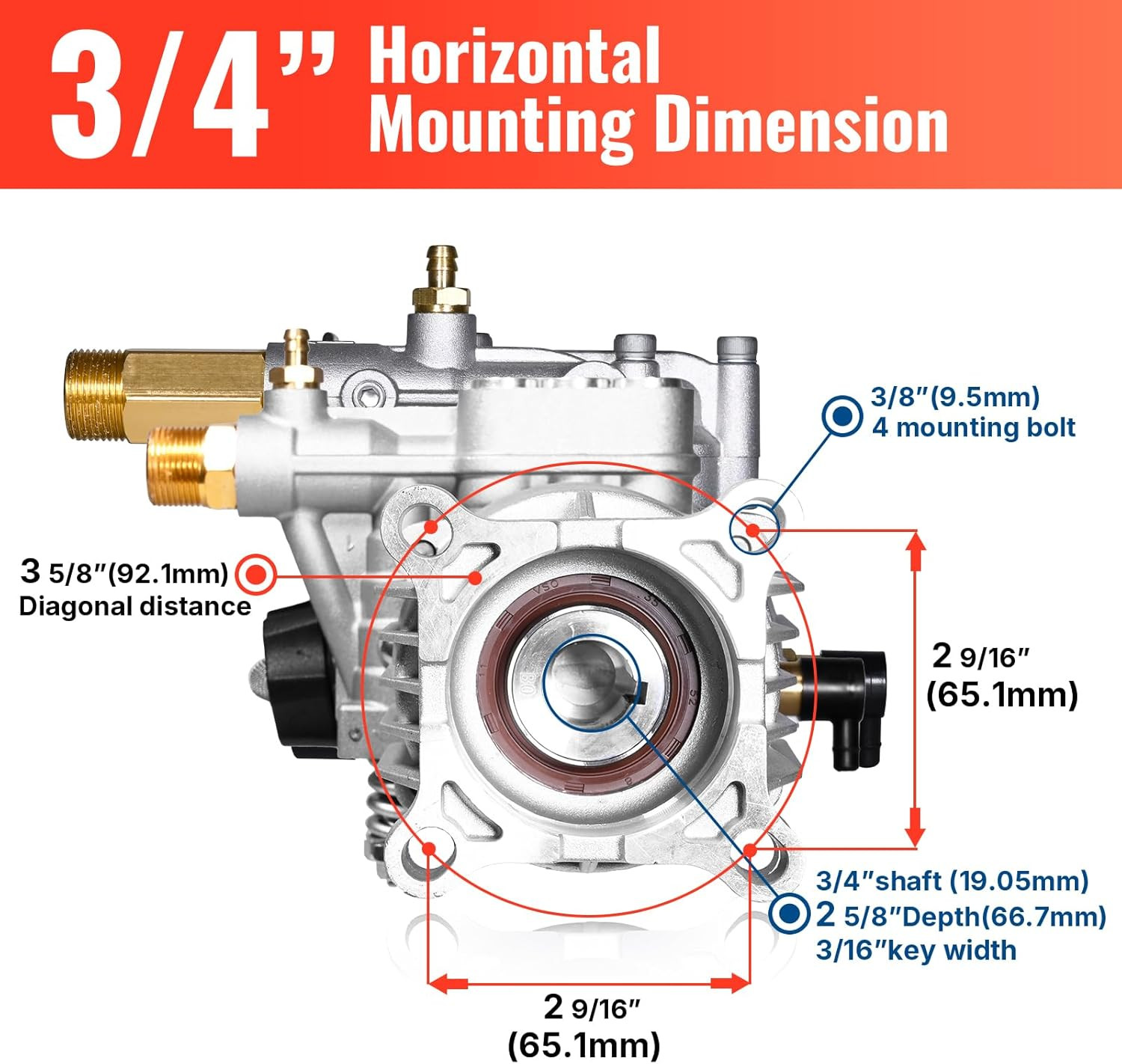 3/4" Shaft Horizontal Pressure Washer Pump 3400 PSI 2.5 GPM Replacement Pump for gallery