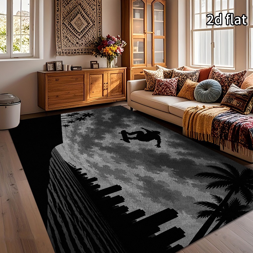Modern Abstract Area Rug,Black And Gray Skateboard Seaside Silhouette Pattern,L gallery