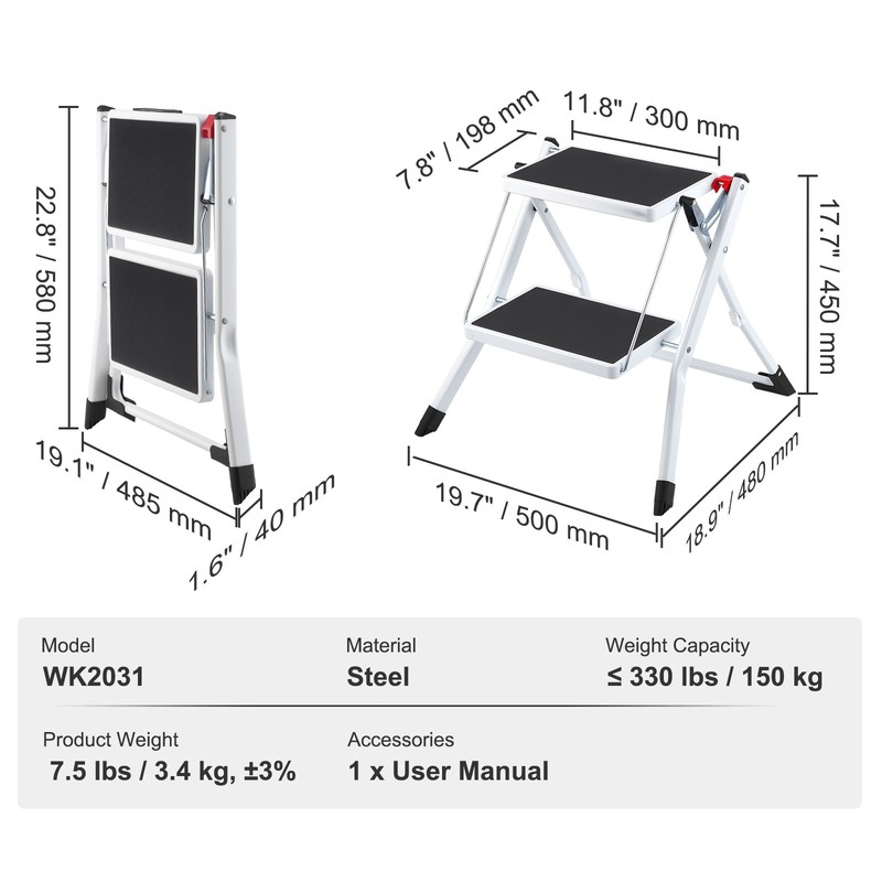 VEVOR Step Stool Ladder 2-Step Foldable 3 Adjustable Height Max Load 330lbs gallery