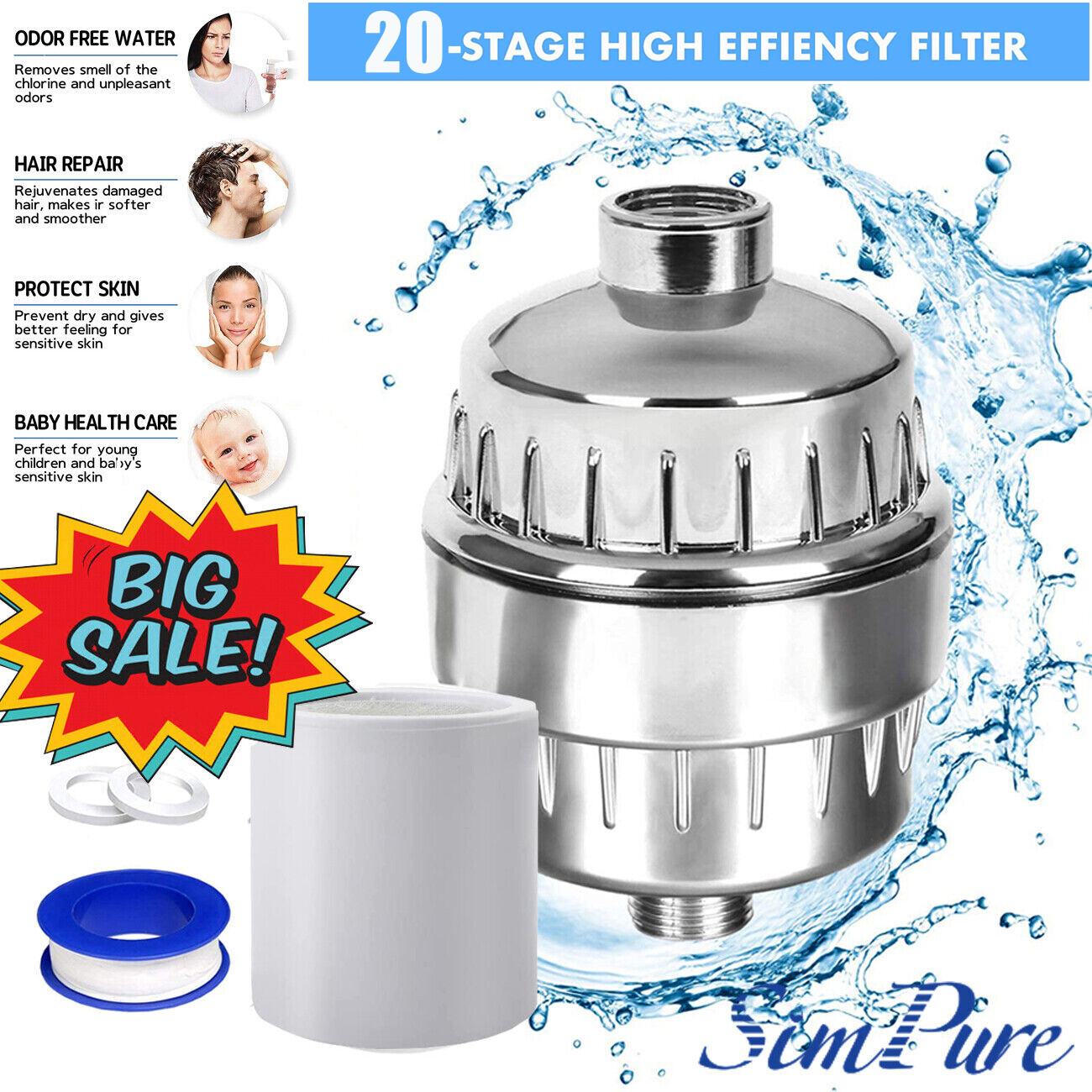SimPure Shower Water Filter w/Replaceable 20-Stage KDF/CAG Cartridge High Output gallery