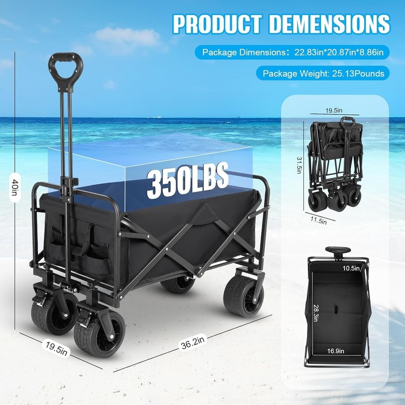 Utility Folding Wagon with Big Wheels - 350 lbs Capacity, Adjustable Handle gallery