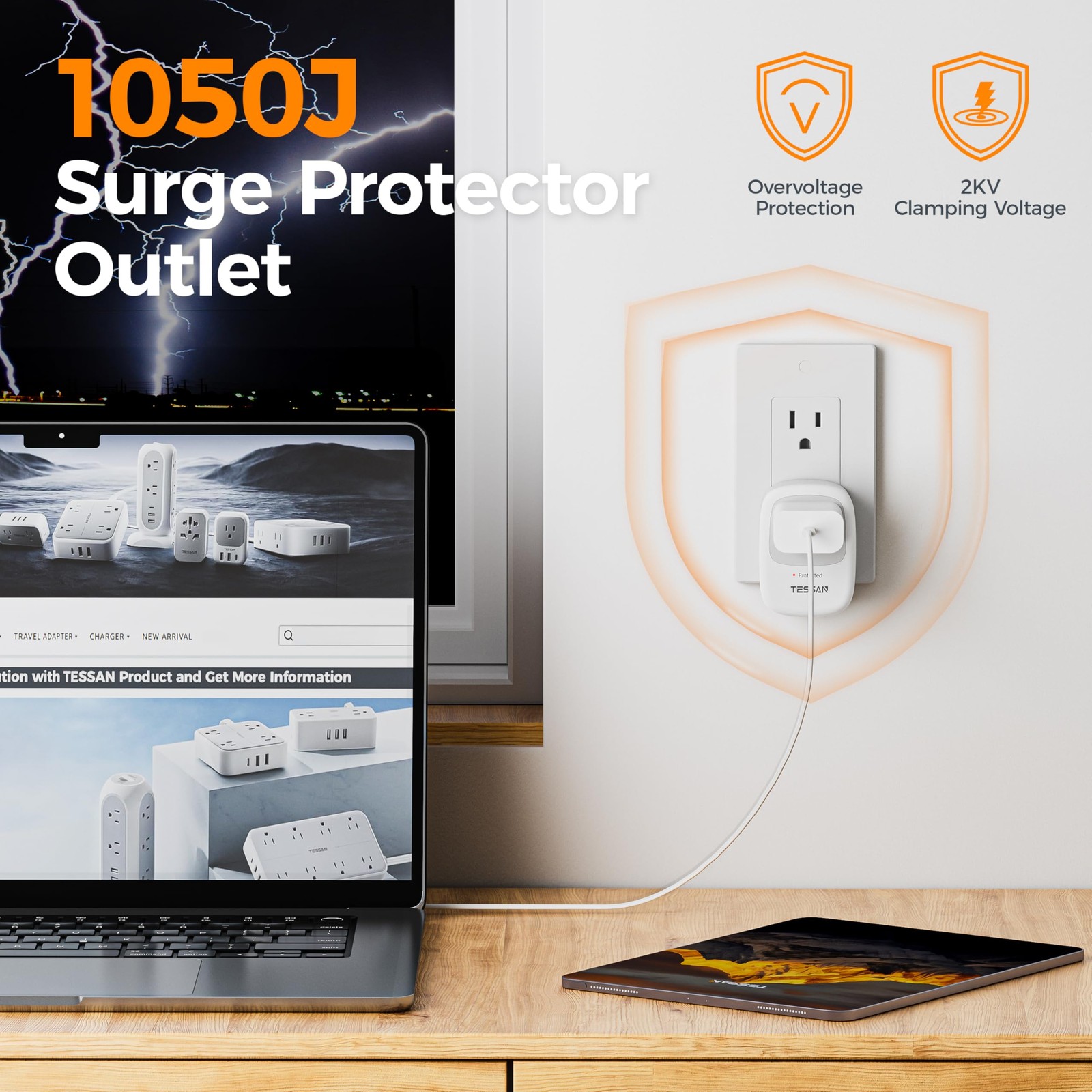 Surge Protector 1050 Joules, TESSAN Single Plug with white gallery