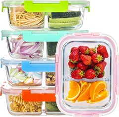 Glass Meal Prep Containers 2 Compartment with Lids (5 Pack 34oz) Divided Storage