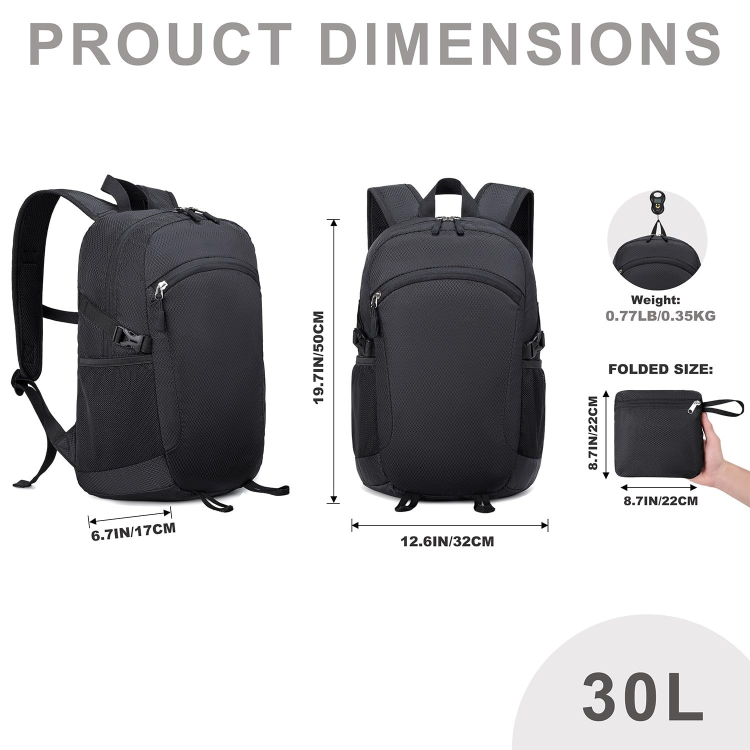 Lightweight Packable Foldable Travel Backpack WaterResistant Hiking Black 2