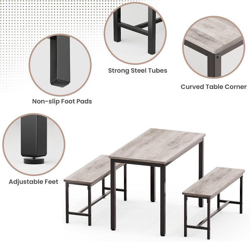 Dining Table Set 4 Kitchen Table W/ 2 Benchs Modern Functional 3-Piece Dining gallery